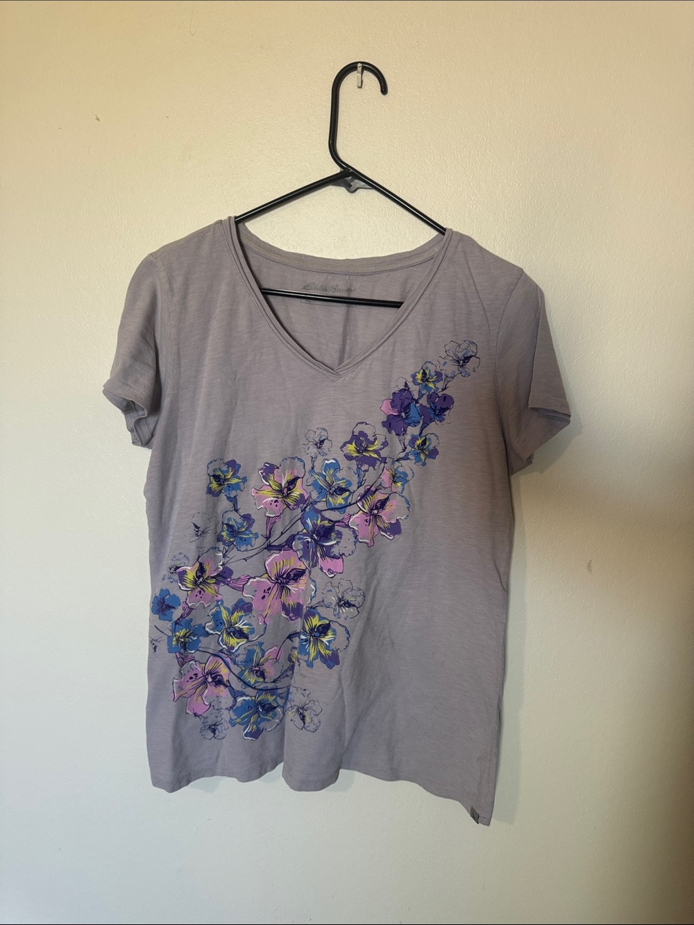 Eddie Bauer Lavender V-Neck Tee with Pink & Blue Floral Print